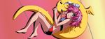  :o absurdres back bare_arms bare_legs bare_shoulders barefoot bikini blush dutch_angle frilled_bikini frills from_above full_body gotou_keiji hairband highres kiddy_grade looking_at_viewer lying on_side open_mouth pink_hair purple_eyes red_bikini short_hair shoulder_blades solo stuffed_animal stuffed_toy swimsuit viola_(kiddy_grade) water wet wet_hair white_hairband 