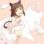  :d animal_ears bad_id bad_pixiv_id bell bell_choker brown_hair cat cat_ears cat_tail choker dress fang from_above green_eyes kimura_(ykimu) looking_at_viewer open_mouth original sandals short_hair sitting smile solo tail white_dress 