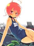  :p ahoge arm_support blush cat highres i-58_(kantai_collection) kantai_collection one-piece_swimsuit orange_hair red_eyes school_swimsuit short_hair sitting solo sw swimsuit tongue tongue_out wet 