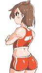  annoyed ass bare_shoulders blush_stickers brown_hair crossed_arms from_behind inkerton-kun midriff pout short_hair simple_background solo sportswear white_background 