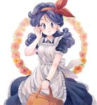  adjusting_hair apron bag blue_eyes blue_hair blush curly_hair dark_blue_hair dragon_ball dragon_ball_(classic) drawr dress floral_background flower hair_ribbon holding holding_bag johnny_(nana) long_hair looking_at_viewer lunch_(dragon_ball) official_style puffy_short_sleeves puffy_sleeves ribbon short_sleeves smile solo 