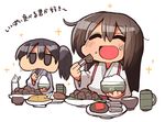  ^_^ akagi_(kantai_collection) bad_id bad_pixiv_id bauxite black_hair bowl brown_hair chopsticks closed_eyes eating food food_on_face jitome kaga_(kantai_collection) kakuzatou_(koruneriusu) kantai_collection long_hair multiple_girls open_mouth puffy_cheeks rice rice_bowl rice_on_face side_ponytail simple_background sparkle translation_request white_background 