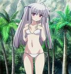  1girl 8-bit_(company) absolute_duo beach bikini breasts flat_chest hair_ornament hair_ribbon long_hair looking_at_viewer midriff navel outdoors palm_tree pettanko red_eyes ribbon sand screencap side-tie_bikini silver_hair small_breasts solo standing swimsuit thighs tree two_side_up yurie_sigtuna 