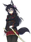  animal_ears black-framed_eyewear black_hair crotch_seam fox_ears fox_tail glasses gloves haru_(matatabi_sanjou) highres long_hair military military_uniform original panties panties_under_pantyhose pantyhose purple_eyes sheath sheathed skirt smile solo sword tail underwear uniform upskirt weapon 