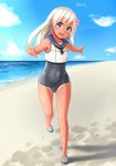  bad_id bad_pixiv_id blue_eyes crop_top flower fujisaka_yuu hair_flower hair_ornament highres kantai_collection long_hair looking_at_viewer ro-500_(kantai_collection) sailor_collar school_swimsuit swimsuit swimsuit_under_clothes tan tanline 