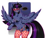  2015 anthro blush breasts clothing cutie_mark dialogue english_text equine fan_character female fur hair hi_res legwear long_hair mammal my_little_pony nipples open_mouth panties pegasus red_eyes solo text theecchiqueen two_tone_hair underwear wings 