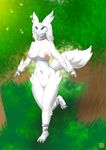  anthro areola big_breasts blue_eyes breasts female forest fur legendary_pok&eacute;mon nintendo nipples nude pok&eacute;mon pussy reshiram running saucytoast smile solo tree video_games 