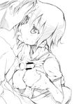  1girl breasts censored durarara!! ekakibito greyscale hetero highres lineart medium_breasts monochrome nipples orihara_kururi paizuri penis precum saliva saliva_trail shirt_lift short_hair sitting tongue tongue_out 