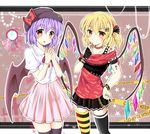  alternate_costume asymmetrical_legwear bat_wings black_gloves black_legwear blonde_hair bow bracelet casual caution_tape chain collar contemporary fingerless_gloves flandre_scarlet gloves green_nails hair_ornament hair_ribbon hairclip hand_mirror hands_together hat hat_bow heart highres jewelry looking_at_viewer mirror multiple_girls nail_polish open_mouth pleated_skirt puffy_short_sleeves puffy_sleeves purple_hair ramudia_(lamyun) red_eyes remilia_scarlet ribbon shirt short_sleeves siblings side_ponytail sisters skirt smile spiked_collar spikes star striped striped_legwear thighhighs touhou wings zettai_ryouiki 