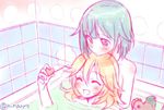  bath bathtub blonde_hair blue_eyes blue_hair blush body_blush closed_eyes convenient_head kosaka_yukina misono_chiaya multiple_girls niina_ryou open_mouth smile the_rolling_girls 