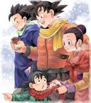  3boys black_hair blue_eyes breath brothers brown_eyes can canned_coffee chi-chi_(dragon_ball) child chinese_clothes coffee dragon_ball dragon_ball_z drawr family father_and_son hair_bun husband_and_wife johnny_(nana) looking_at_another mother_and_son multiple_boys outdoors pointing scarf siblings son_gohan son_gokuu son_goten spiked_hair winter winter_clothes 