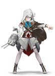  ahoge asashimo_(kantai_collection) assassin's_creed_(series) cape commentary cosplay cross-laced_footwear entman ezio_auditore_da_firenze ezio_auditore_da_firenze_(cosplay) full_body grey_eyes grin hair_over_one_eye hidden_blade kantai_collection outstretched_arm pantyhose pun silver_hair smile solo turret weapon 