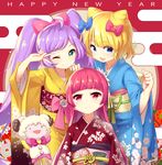  :d ;) ahoge artist_name bangs blonde_hair blue_eyes blueberry_(5959) blunt_bangs blush bow clenched_hand egasumi floral_background floral_print flower furisode green_eyes hair_bow hair_flower hair_ornament happy_new_year highres horns houjou_sophie japanese_clothes kimono kuma_(pripara) long_hair manaka_lala minami_mirei multiple_girls new_year obi one_eye_closed open_mouth pretty_(series) pripara purple_hair red_eyes red_hair sash sheep_hat sheep_horns short_hair signature smile solid_circle_eyes swept_bangs triangle_mouth twintails v_over_eye very_long_hair 