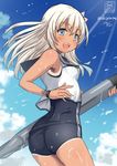  blonde_hair blue_eyes blue_sky cloud day kantai_collection long_hair no_pants one-piece_swimsuit open_mouth ro-500_(kantai_collection) sakiyamama school_swimsuit school_uniform serafuku sky smile solo swimsuit swimsuit_under_clothes tan tanline torpedo 