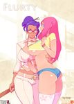  2girls ass belt blue_eyes bracelet breasts doxy earrings erection fluttershy futa_with_female futanari glasses huge_breasts jewelry long_hair multiple_girls my_little_pony my_little_pony_friendship_is_magic pant_suit penis personification pink_hair purple_hair rarity red-framed_glasses short_shorts shorts thighhighs underboob 