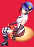  1girl artist_request black_hair boots cookie cookies eating elbow_gloves emblem fingerless_gloves food gloves green_eyes looking_at_viewer marie_(persona_4) nabekokoa persona persona_4 persona_4_the_golden plaid_skirt red_background short_hair simple_background sitting sleeveless striped_legwear thighhighs 