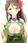  amagi_(kantai_collection) backlighting bare_shoulders breasts brown_eyes brown_hair cleavage cleavage_cutout detached_sleeves flower hair_flower hair_ornament kanden_suki kantai_collection large_breasts light_smile looking_at_viewer mole mole_under_eye obi sash solo upper_body 