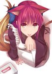  animal_ears apo_(apos2721) apron bow cat_ears hair_bow highres kemonomimi_mode kohaku looking_at_viewer maid_apron melty_blood paw_pose red_hair sandals short_hair solo tabi tail tongue tongue_out tsukihime yellow_eyes 