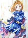  barbara blush brown_hair cape cape_lift dragon_quest dragon_quest_vi dress earrings gloves graphite_(medium) high_ponytail highres jewelry looking_at_viewer nijinohouseki purple_eyes short_dress short_sleeves smile solo traditional_media watercolor_(medium) 