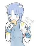  animal_ears armlet axia-chan blue_eyes blue_hair blush cat_ears ciel cross food_in_mouth gloves kemonomimi_mode no_eyewear powerd_ciel short_hair sleeveless solo tattoo tsukihime 