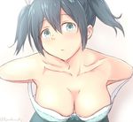  bare_shoulders black_hair blush breasts cleavage collarbone grey_eyes kanden_suki kantai_collection large_breasts looking_at_viewer off_shoulder solo souryuu_(kantai_collection) twintails upper_body 