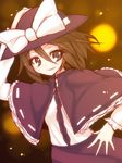  bow brown_eyes brown_hair capelet hand_on_headwear hat hat_bow kuresento solo sweatdrop touhou usami_renko 