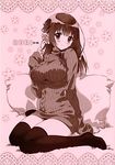  absurdres aran_sweater blush breasts carnelian dress flower hair_flower hair_ornament highres large_breasts long_hair monochrome no_shoes original pillow ribbed_sweater rurika_(carnelian) sitting smile solo sweater sweater_dress thighhighs turtleneck wariza 