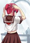  adjusting_hair blue_eyes from_behind hisui looking_back red_hair school_uniform serafuku short_hair short_ponytail skirt solo tsukihime urako 