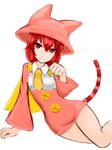 animal_hat bare_legs cat_hat cat_tail flat_chest hat highres light_smile long_sleeves looking_at_viewer neenya_(sennen_sensou_aigis) paw_pose red_eyes red_hair sennen_sensou_aigis short_hair solo tail white_background 