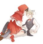  aldnoah.zero animal_ears big_bad_wolf big_bad_wolf_(cosplay) big_bad_wolf_(grimm) blonde_hair blush bow bowtie brown_hair cosplay crossdressing dress fang kaizuka_inaho little_red_riding_hood little_red_riding_hood_(grimm) little_red_riding_hood_(grimm)_(cosplay) male_focus multiple_boys short_hair slaine_troyard wolf_ears 