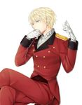  aldnoah.zero bad_id bad_twitter_id blonde_hair blue_eyes chess_piece cravat crossed_legs epaulettes gloves male_focus military military_uniform slaine_troyard solo uniform white_gloves 