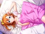  bed blue_eyes blush brown_hair kousaka_honoka love_live!_school_idol_project pajama pajamas pillow ribbon short_hair side_ponytail side_tail tucana 