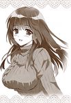  absurdres aran_sweater blush breasts carnelian highres large_breasts long_hair monochrome open_mouth original ribbed_sweater rurika_(carnelian) smile solo sweater turtleneck 