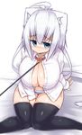  ahoge animal_ears bed between_legs black_legwear blue_eyes blush breasts cat_ears cat_tail cleavage collar collared_shirt curvy felt_whitesnow frown hand_between_legs hand_on_own_thigh highres huge_breasts leash looking_away oppai_loli original panties sad sawati shirt short_hair_with_long_locks sitting solo striped striped_panties tail thighhighs unbuttoned underwear wariza white_hair wide_hips 
