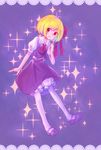  blonde_hair bloomers blouse busujima_(kusahana) fang full_body hair_ribbon looking_at_viewer mary_janes neck_ribbon pointing pointing_at_self purple_background red_eyes ribbon rumia shoes short_hair skirt skirt_set smile solo sparkle touhou underwear vest white_legwear 