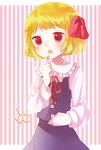  blonde_hair blouse busujima_(kusahana) cowboy_shot fang hair_ribbon hand_on_own_stomach hungry long_sleeves neck_ribbon open_mouth red_eyes ribbon rumia short_hair skirt skirt_set solo stomach_growling striped striped_background sweatdrop touhou vertical-striped_background vertical_stripes vest 