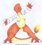  3_fingers 3_toes belly big_feet big_hands big_thighs blue_eyes breasts caleb_magness charmeleon claws clothed clothing eyelashes female feral fire flare_flint horn invalid_tag long_tail looking_at_viewer navel nintendo nipples orange_body orange_scales pok&eacute;mon pose scalie semi-anthro shirt smile smirk solo spread_legs spreading standing stare teeth toes video_games yellow_scales 