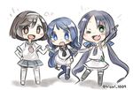  :d absurdly_long_hair black_hair blue_eyes blue_hair blush brown_eyes chibi elbow_gloves fang gloves green_eyes hair_ribbon hairband hand_on_hip hisui_(kimochi) holding_hands kantai_collection long_hair low_twintails multiple_girls necktie one_eye_closed open_mouth outstretched_arm pointing pointing_up ribbon samidare_(kantai_collection) school_uniform serafuku short_hair smile suzukaze_(kantai_collection) tanikaze_(kantai_collection) twintails twitter_username very_long_hair wavy_mouth white_background 