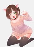  akky_(akimi1127) animal_ears cat_ears fang green_eyes highres idolmaster idolmaster_cinderella_girls maekawa_miku off_shoulder ribbed_sweater solo sweater 