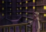  bookshelf bow capelet crescent dress hair_bow hair_ornament hat hat_bow indoors kurione_(zassou) library light long_hair long_sleeves looking_at_viewer mob_cap patchouli_knowledge purple_hair solo stairs striped striped_dress touhou vest voile wide_sleeves 