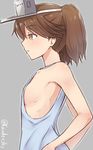 breasts brown_eyes brown_hair flat_chest hat kanden_suki kantai_collection profile ryuujou_(kantai_collection) shirt sideboob sleeveless sleeveless_shirt solo twintails 
