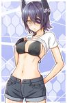  :/ bare_shoulders bikini_top blush breasts collarbone covered_nipples eyepatch halterneck headgear hexagon highres kanden_suki kantai_collection looking_at_viewer medium_breasts navel open_fly purple_hair revision shiny shiny_skin shirt_lift shorts solo stomach tenryuu_(kantai_collection) unzipped yellow_eyes 