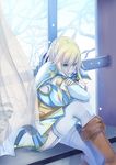  ashe_(league_of_legends) bad_id bad_pixiv_id blonde_hair blue_eyes breasts chin_rest cleavage garter_straps hood indoors large_breasts league_of_legends long_hair miniskirt sitting skirt thighhighs vococo window 
