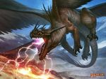  alejandro_mirabal charging claws dragon feathered_wings feral flying long_tail magic_the_gathering multiple_wings official_art open_mouth quadruped solo spines thunder tongue wings 