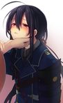  ahoge blush double-breasted gradient gradient_background hand_on_another's_chin hiyo_kiki long_hair male_focus military military_uniform namazuo_toushirou necktie ponytail purple_eyes purple_hair saniwa_(touken_ranbu) solo_focus touken_ranbu uniform 