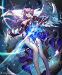  bird breasts choker cleavage dress elbow_gloves gloves highres holding horns jewelry large_breasts long_hair looking_at_viewer parted_lips pointy_ears purple_eyes purple_hair shingoku_no_valhalla_gate solo sword thighhighs tob weapon white_legwear wings 