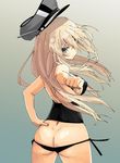  ass bismarck_(kantai_collection) black_panties blonde_hair blue_eyes bustier butt_crack dimples_of_venus from_behind gradient gradient_background hand_on_hip hat iwasaki_takashi kantai_collection long_hair looking_back lowleg lowleg_panties outstretched_arm panties side-tie_panties sidelocks simple_background solo underwear 