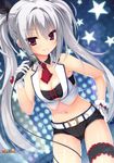  absurdres bad_id bad_yandere_id belt bikini_top breasts cleavage detached_collar dracu-riot! elena_olegovna_owen gloves grey_hair hand_on_hip highres kobuichi leg_garter medium_breasts microphone navel necktie scan short_shorts shorts twintails vest white_gloves 