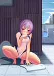  absurdres blue_hair blush competition_swimsuit dobunezumi highres kickboard looking_at_viewer naughty_face one-piece_swimsuit original pool red_eyes short_hair smile solo spread_legs squatting swimsuit tile_floor tiles 