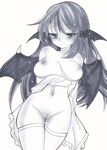  bat_wings breasts censored koakuma large_breasts long_hair monochrome mosaic_censoring nude piyosuka pussy shirt_removed smile solo thighhighs touhou wings 